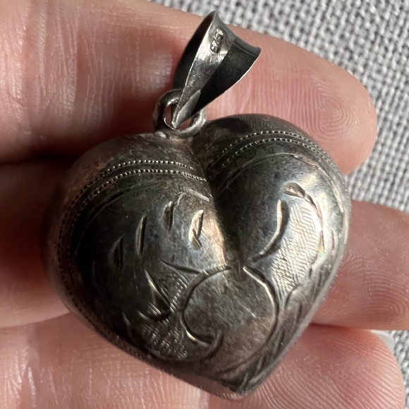 Massive Sterling Puffy Heart Pendant etched design pendant charm
